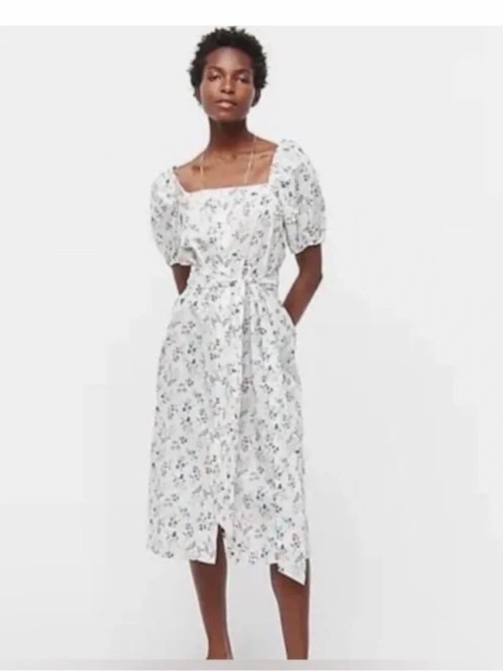 J. Crew White Floral Square-Neck Midi Dress